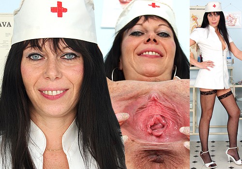 Ma'am Brunette Registered practical nurse Smiles and Shows Twat in Hosiery and Steep Heels