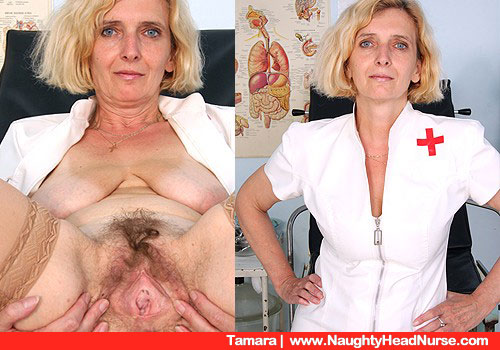 Older Blonde Practical nurse Tamara Shows Boobs from Uniform and Shaggy Screw bang hole